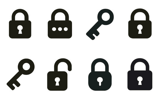 Collection of web icons featuring locks and keys in various designs for digital security representation