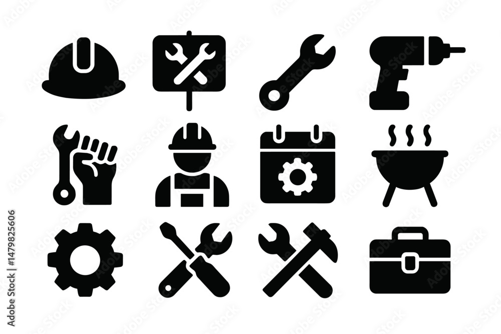 Poster collection of black and white web icons depicting construction and tools for various activities and 