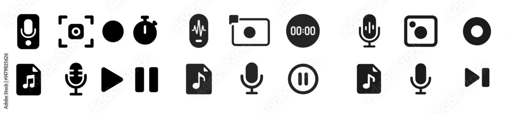 Poster set of web icons for multimedia functions featuring recording, playback, and audio controls