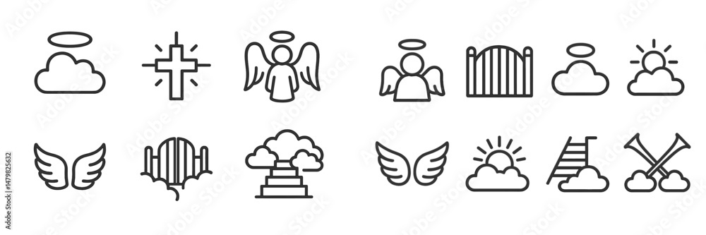 Poster set of web icons representing celestial themes, including angels, clouds, and symbols of afterlife c