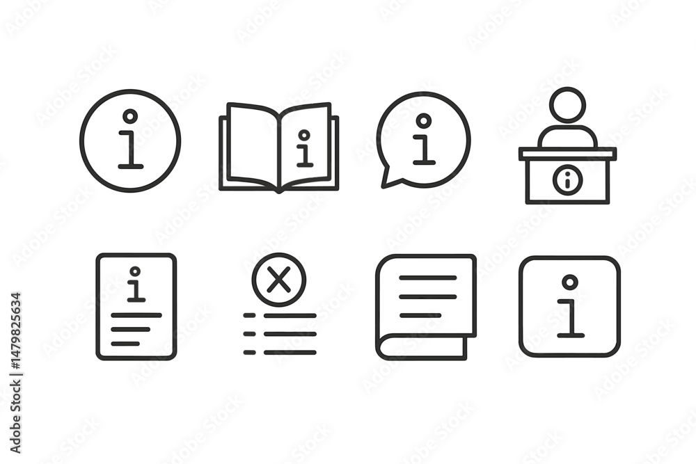 Poster collection of web icons representing information and communication concepts in a simple, minimalist 