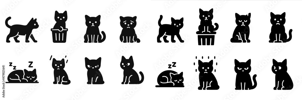 Poster collection of web icons featuring various black cat illustrations expressing different emotions and 