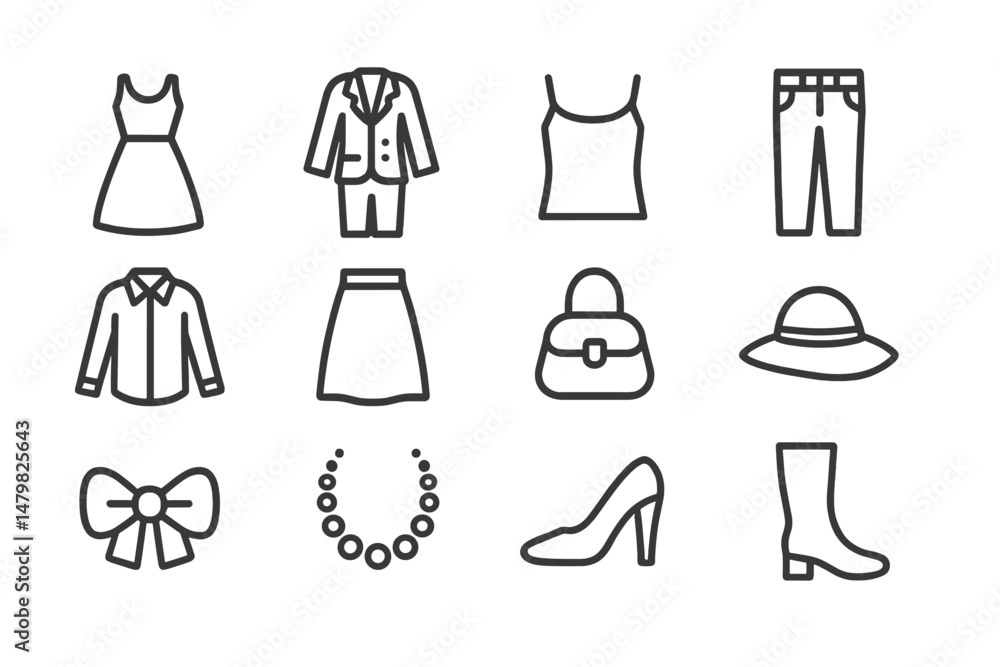 Poster collection of minimalist web icons depicting various clothing and fashion accessories arranged in a 