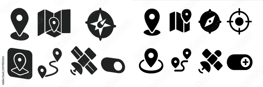 Poster collection of web icons featuring navigation symbols, location markers, and map elements for digital