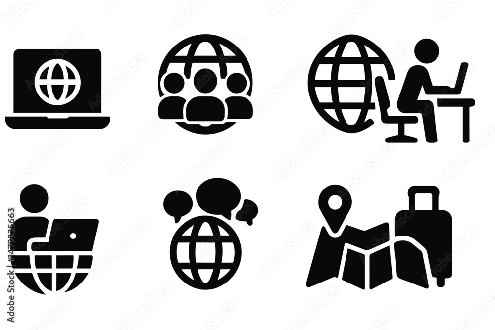 Poster set of black web icons featuring global connectivity, user interaction, and travel themes for digita