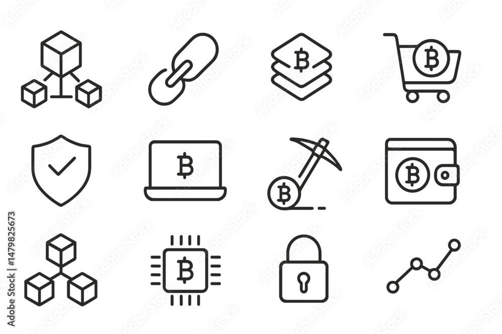 Poster Collection of web icons related to cryptocurrency and blockchain technology