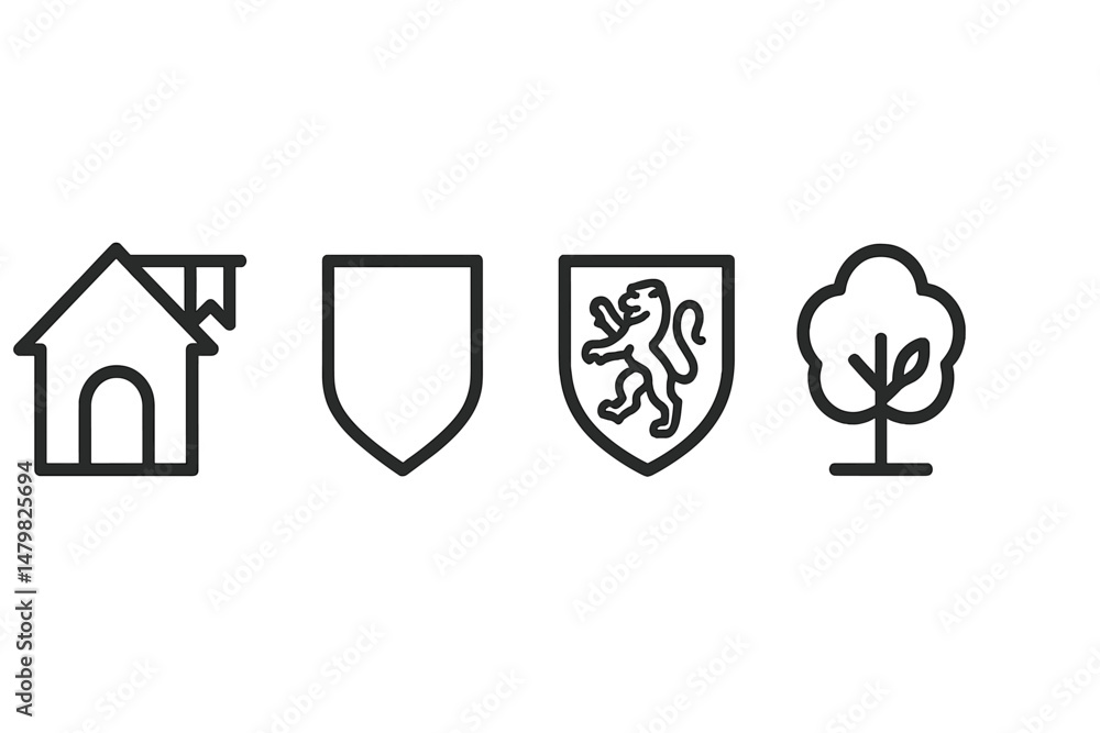 Poster collection of web icons including house, shield, lion emblem, and tree for digital design projects a