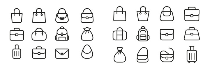 Collection of minimalist web icons representing various types of bags and luggage in a clear and cohesive style