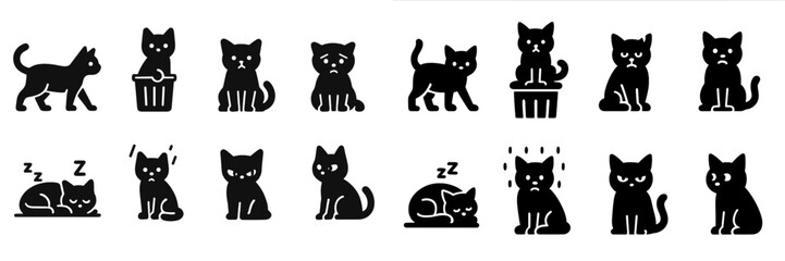 Collection of web icons featuring various black cat illustrations expressing different emotions and activities