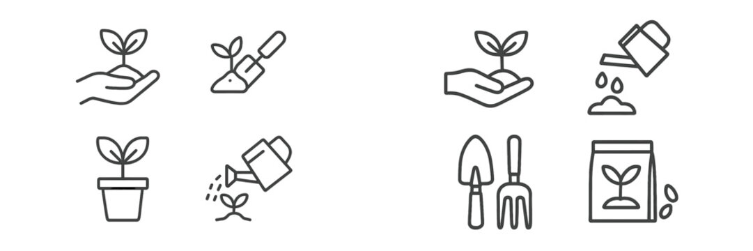 Web icons representing gardening activities such as planting, watering, and nurturing plants in various stages of growth