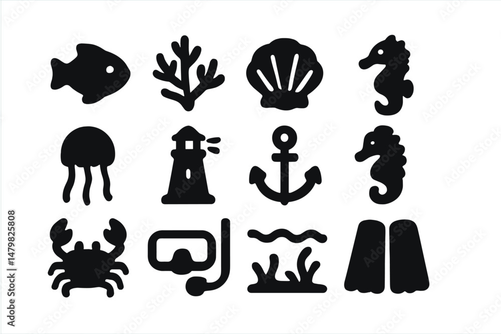 Poster Set of web icons featuring marine life and underwater activities for design and development use