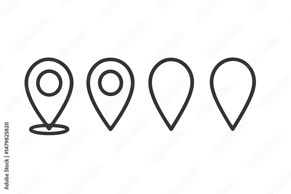 Poster collection of minimalistic web icons depicting location pins in various styles and designs for digit