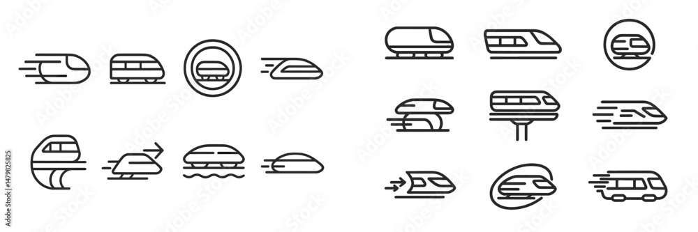 Poster Collection of sleek web icons representing various modes of transportation with a focus on trains and high-speed travel