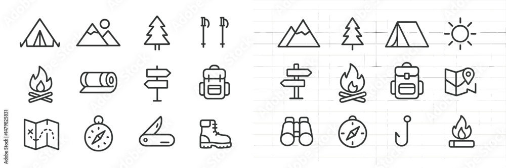 Poster collection of web icons representing outdoor activities and adventure elements for digital design pr