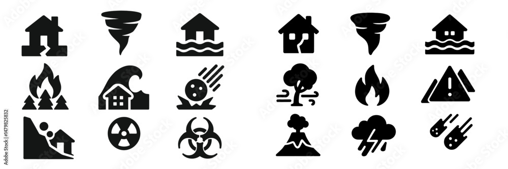 Poster Set of disaster-themed web icons depicting various natural hazards and emergency situations for online use