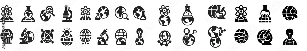 Aufkleber collection of monochrome web icons representing science, technology, and global themes in a modern d