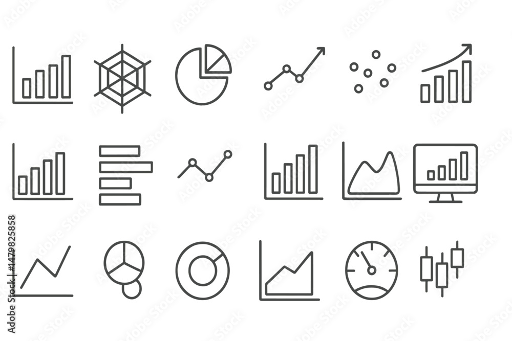 Poster variety of web icons representing data visualization elements and analytics tools for enhancing unde