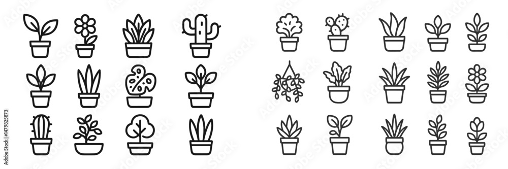 Poster Variety of web icons featuring different potted plants and flowers designed in a minimalistic style for digital use