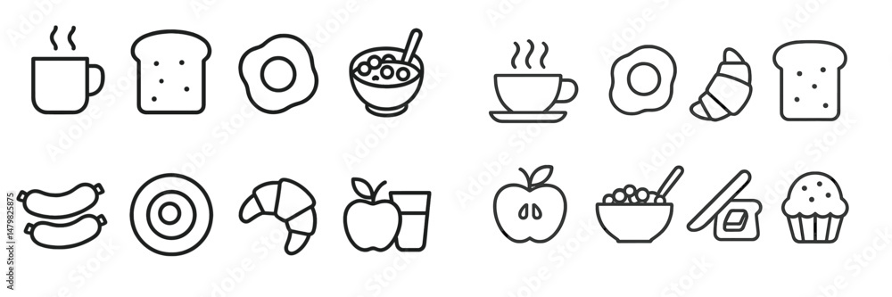 Poster collection of simple web icons representing breakfast foods and beverages in minimalist line art sty