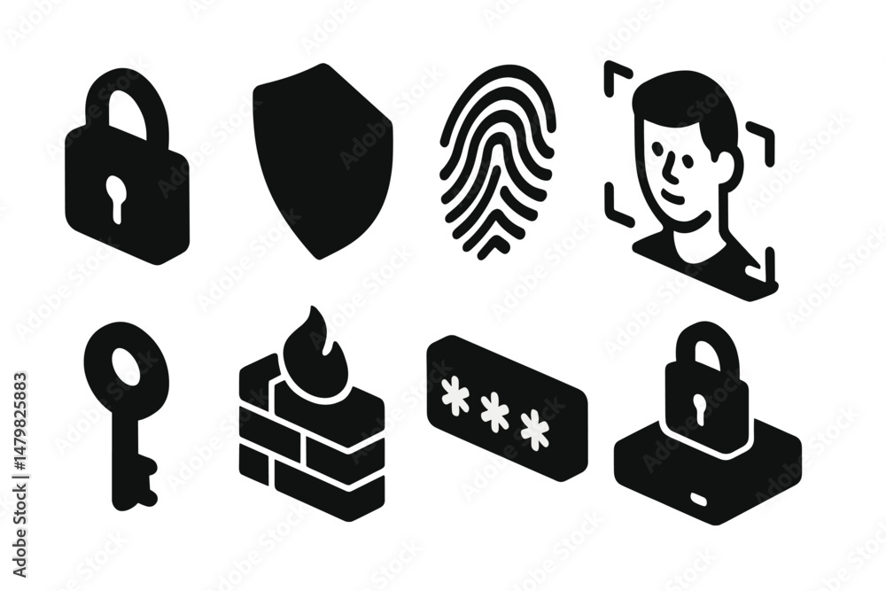 Poster Collection of web icons representing security features including locks, keys, and authentication methods for digital safety