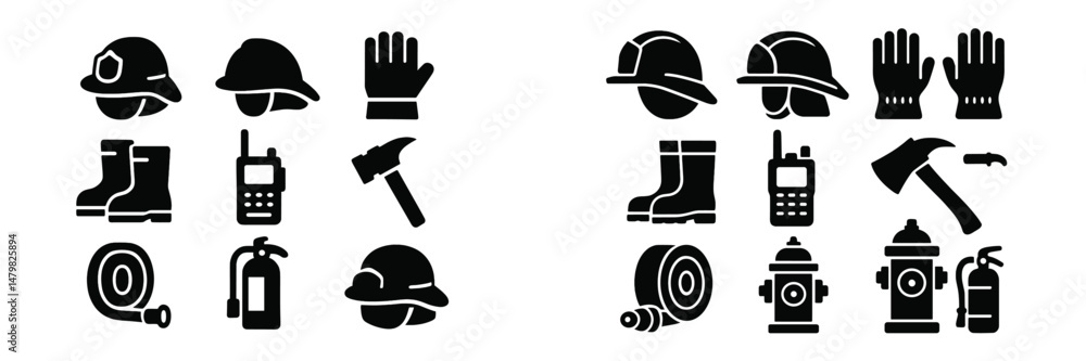 Aufkleber collection of black web icons representing firefighting and safety equipment for digital use and des
