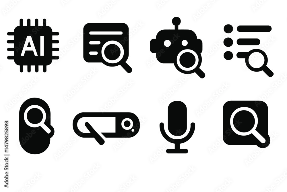 Aufkleber Collection of web icons featuring search symbols and artificial intelligence concepts in a minimalist style