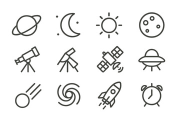 Set of web icons featuring celestial bodies, space exploration, and astronomical tools