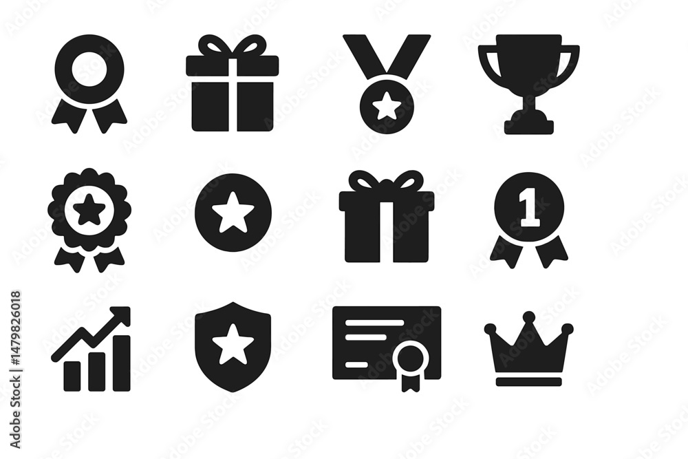Poster collection of web icons featuring awards, achievements, and gifts designed for digital interfaces an