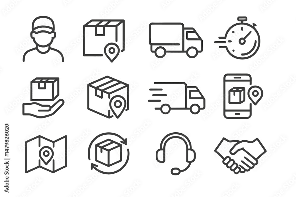 Poster Collection of web icons representing delivery services and logistics tasks for efficient package management and tracking