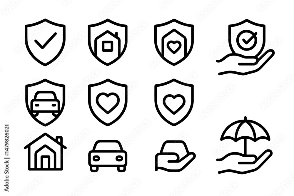 Poster collection of web icons featuring shield designs for security, safety, and protection concepts