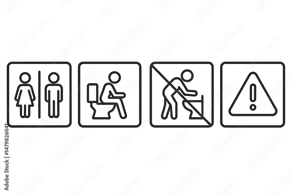 Poster set of web icons depicting restroom signs, seated figures, and construction warnings for clear commu