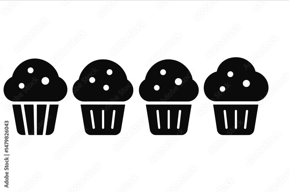 Poster Set of web icons featuring simple and modern cupcake designs in black color on a white background
