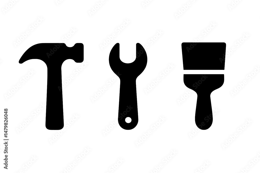 Poster set of web icons depicting a hammer, wrench, and paintbrush for construction and repair tasks in a m