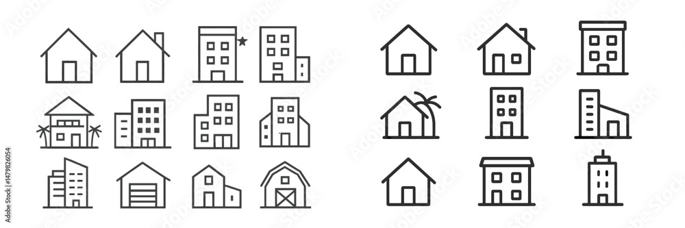 Poster Collection of minimalist web icons representing various building types and structures for modern design needs