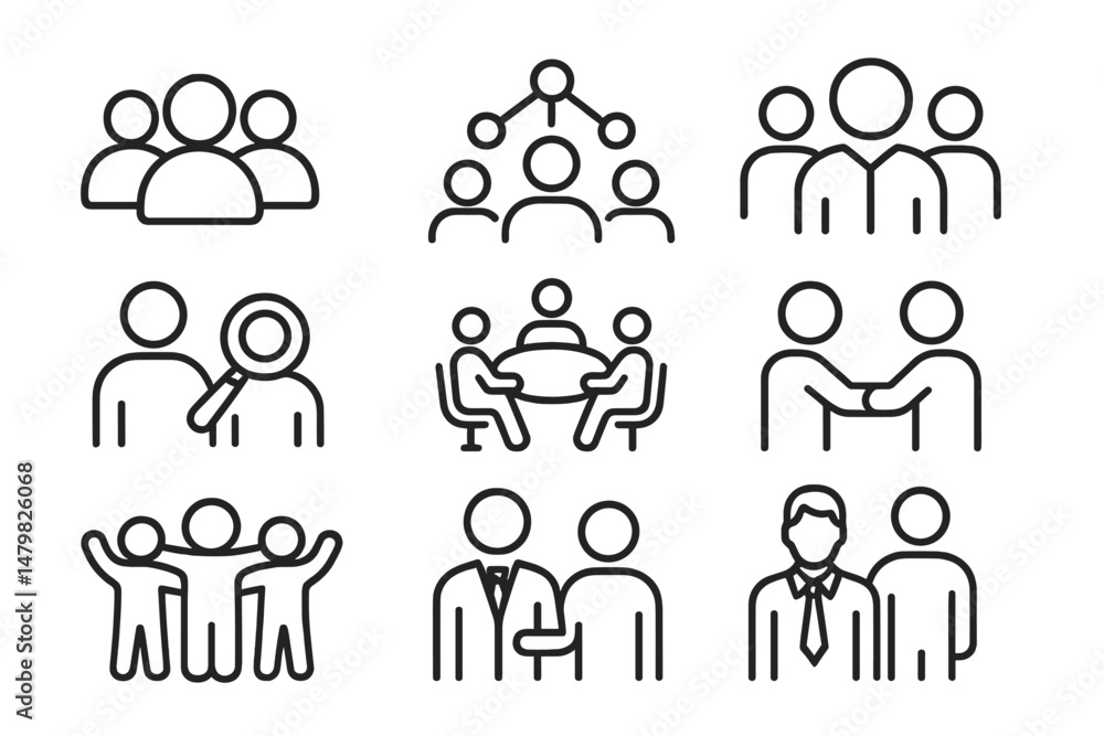 Poster collection of web icons representing social interactions, collaboration, and teamwork in a minimalis