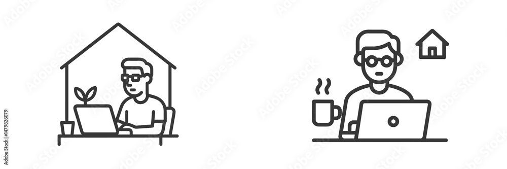 Aufkleber Set of web icons depicting remote work and home office environments with people using laptops