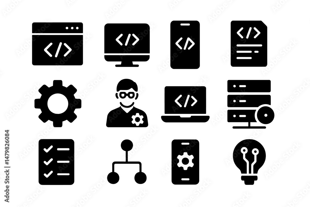 Aufkleber Collection of black web development icons including coding, devices, and tools for digital projects