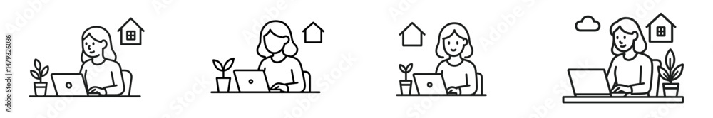 Fototapete set of web icons illustrating a person working on a laptop with home and cloud elements