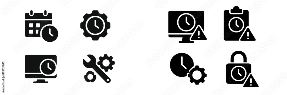 Aufkleber collection of web icons representing time management, tools, and alerts for digital environments