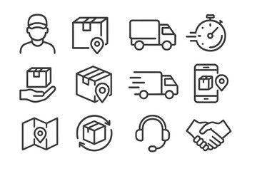 Collection of web icons representing delivery services and logistics tasks for efficient package management and tracking