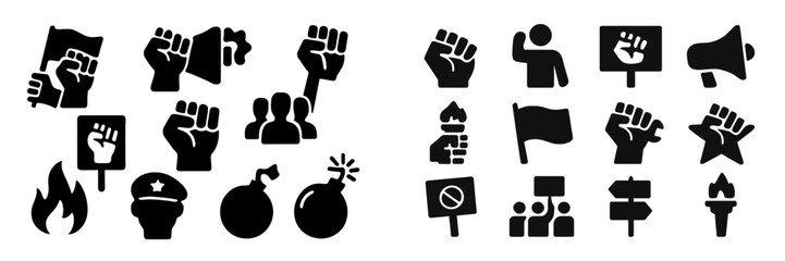 Collection of web icons depicting social justice symbols and protest themes
