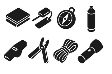 Collection of web icons representing outdoor and adventure gear including compass, flashlight, and tools