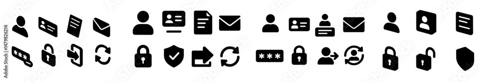 Poster set of black web icons featuring user profiles, communication tools, security symbols, and document 