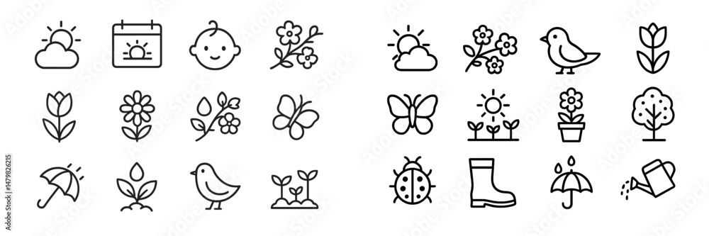 Poster collection of minimal line web icons representing nature, seasons, and outdoor activities for user i