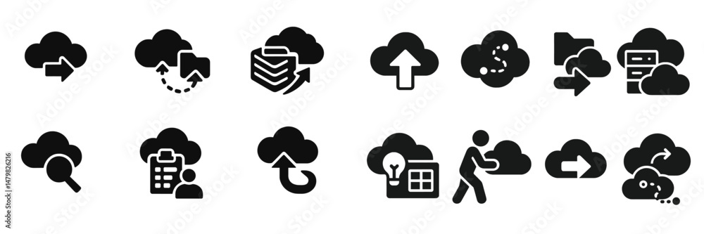 Poster collection of web icons depicting cloud computing concepts for data transfer, storage, and retrieval