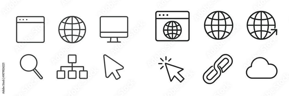 Poster set of minimalistic web icons representing various online activities and tools for digital navigatio