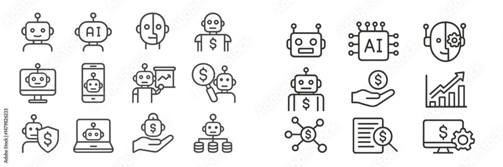 Poster collection of web icons showcasing artificial intelligence concepts and technological applications f