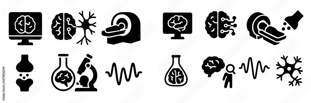 Poster collection of web icons representing neuroscience concepts, research tools, and brain activity