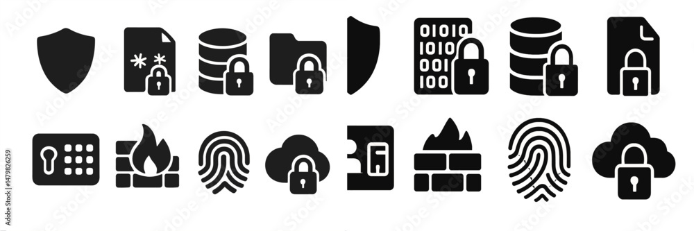 Poster collection of web icons representing security, data protection, and online safety concepts for digit