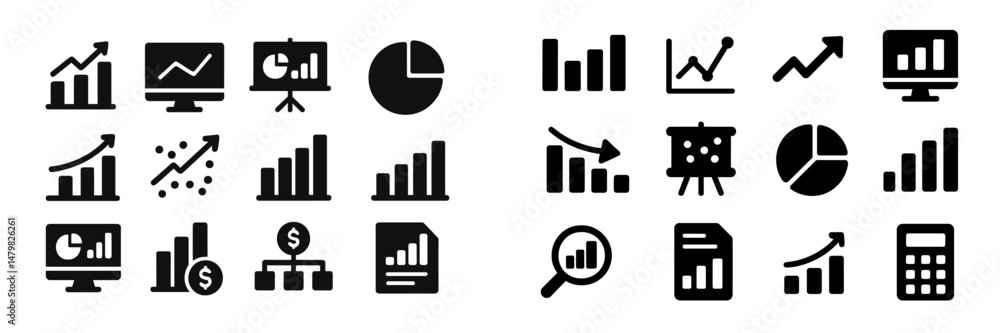 Poster collection of web icons featuring data visualization and analysis designs in black on a white backgr